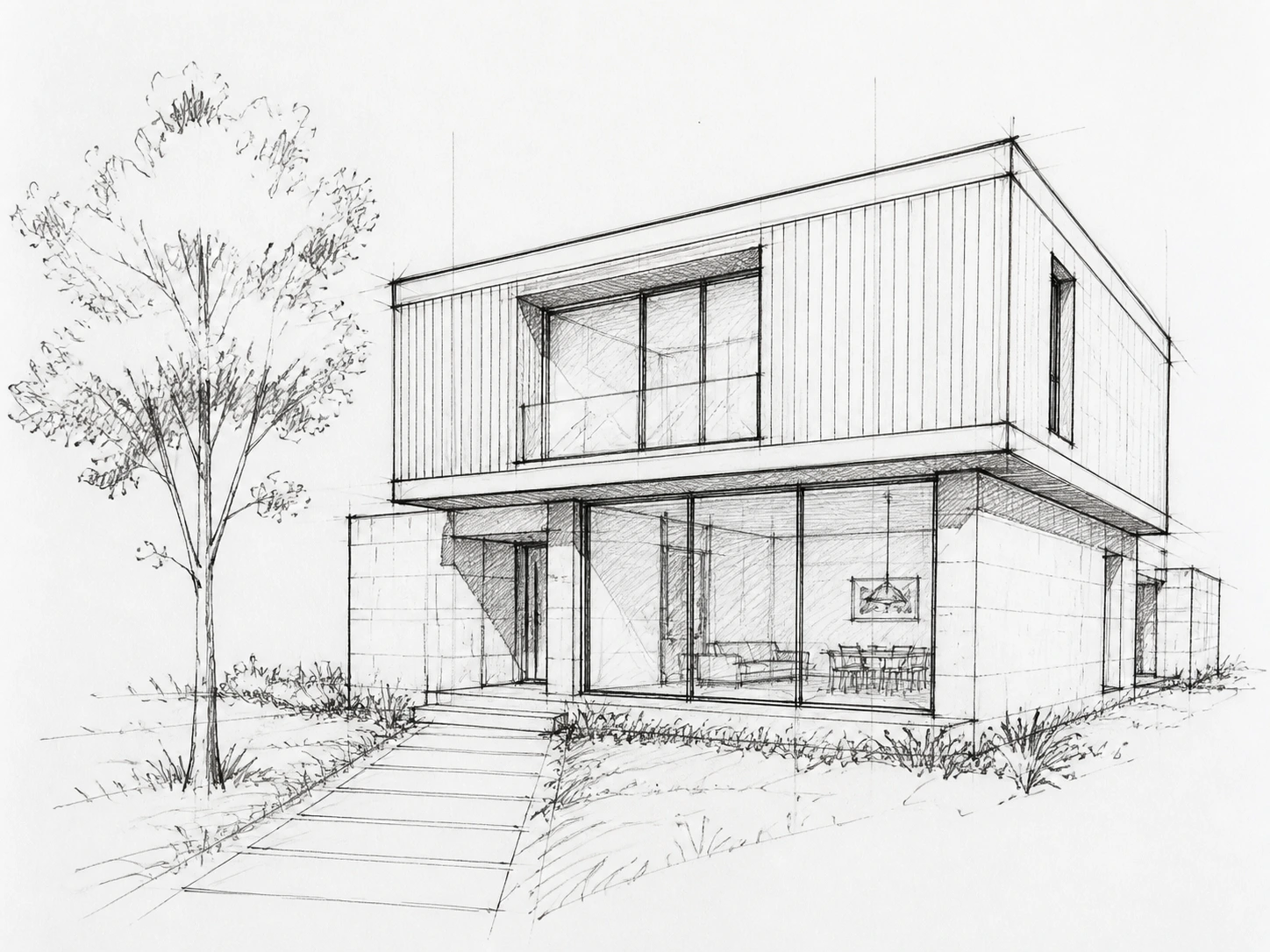 Hand-drawn pencil perspective sketch of a modern two-story villa exterior with a flat roof and cantilevered upper volume