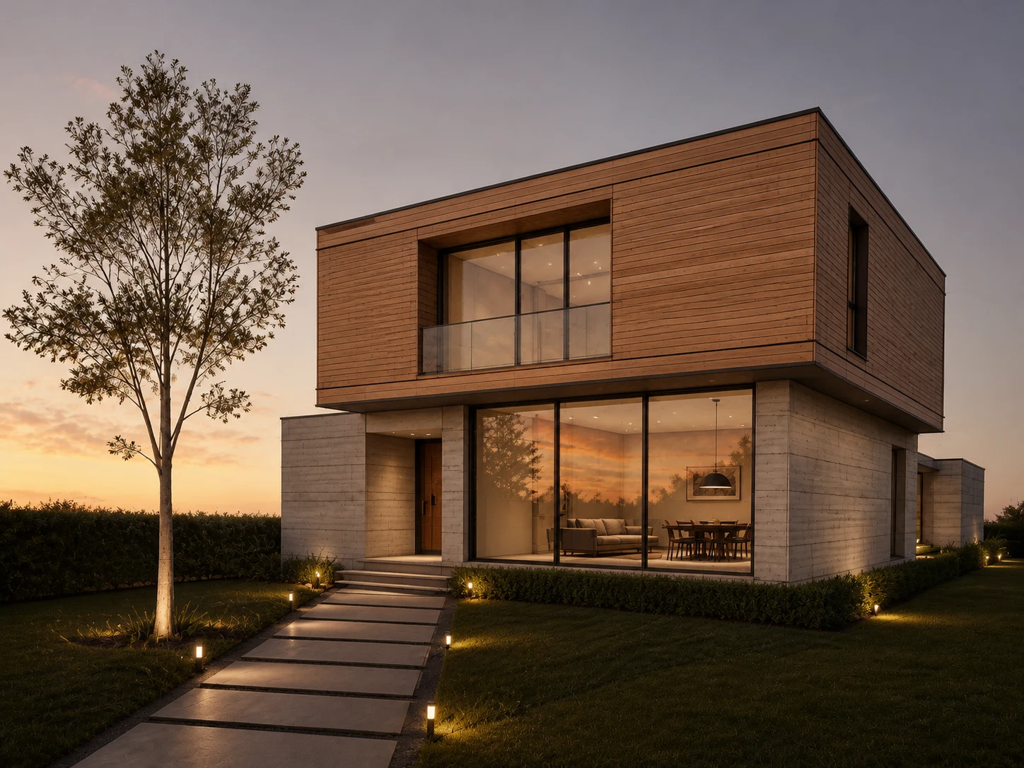 AI rendering architecture turns the same modern villa sketch into a photorealistic dusk exterior render with timber cladding and glazing