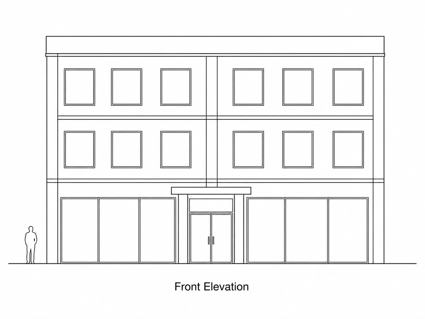 Black-and-white CAD front elevation drawing of a three-story commercial building with ground-floor storefront glazing