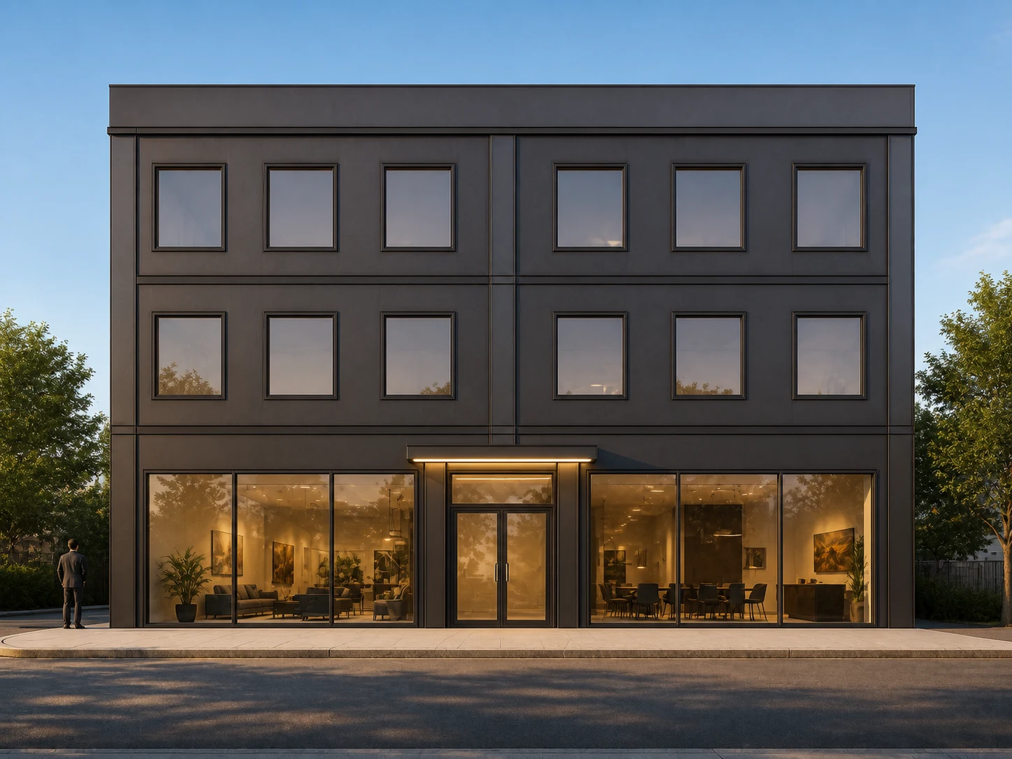 Sketch to render AI turns the same commercial building elevation into a photorealistic street-level render with charcoal metal cladding
