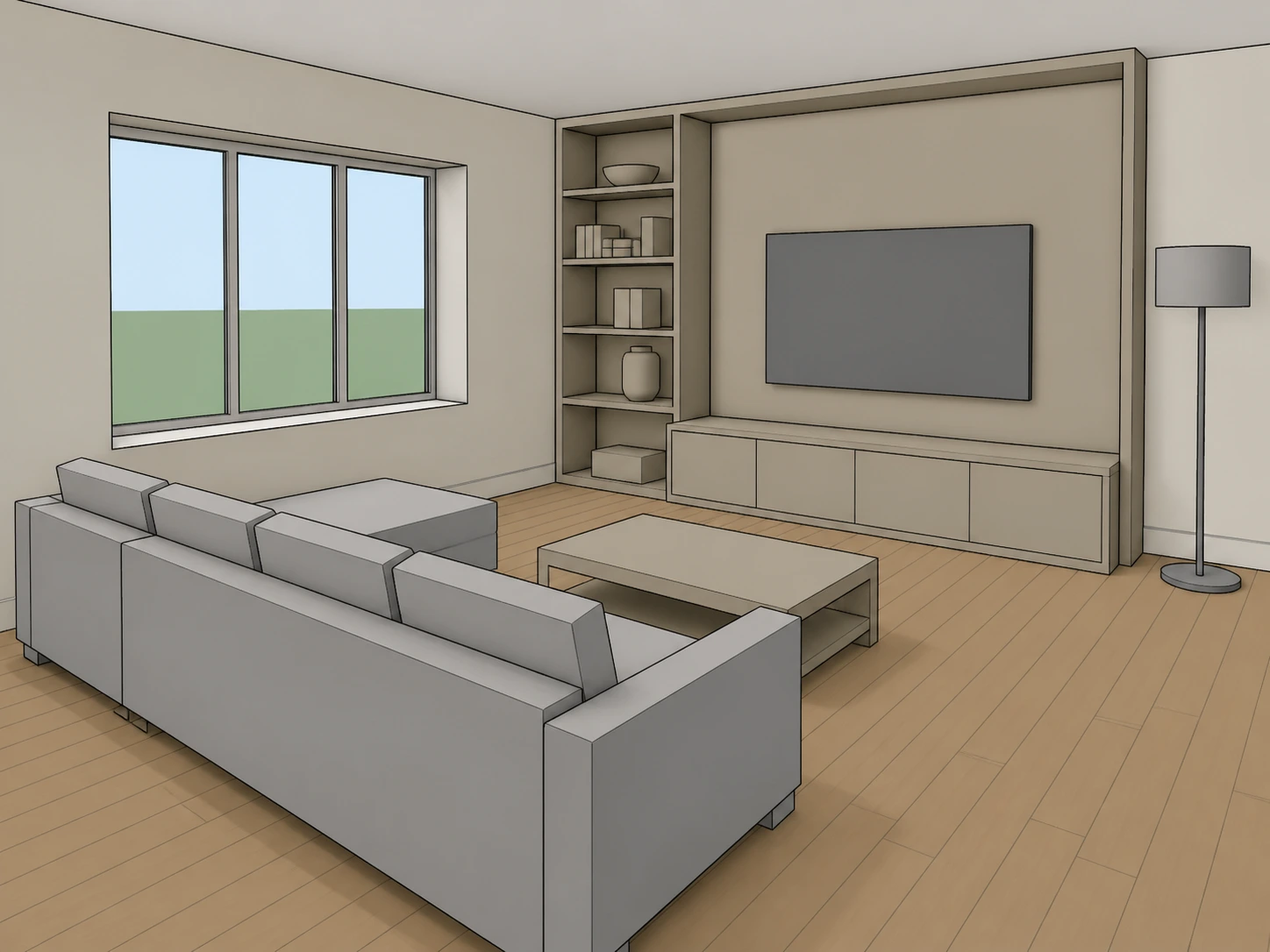 Unstyled SketchUp interior furniture study of a living room with plain grey default materials and no texture detail