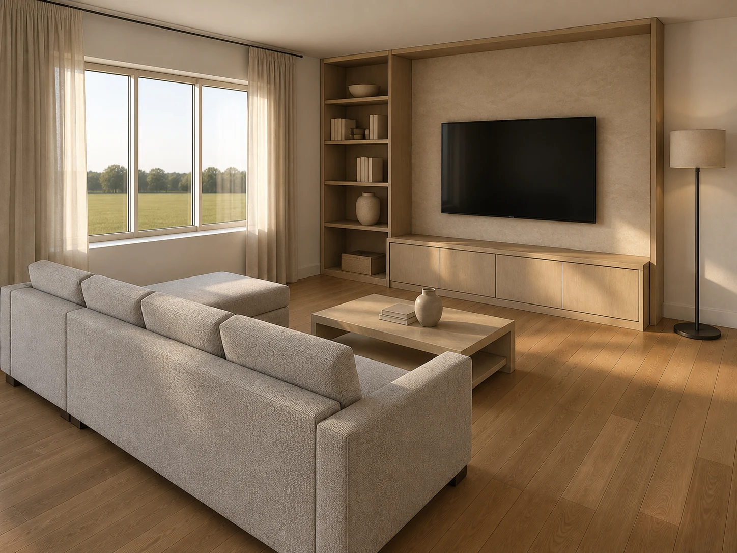 AI render online free turns the same unstyled interior study into a photorealistic living room visualization with warm materials and afternoon light