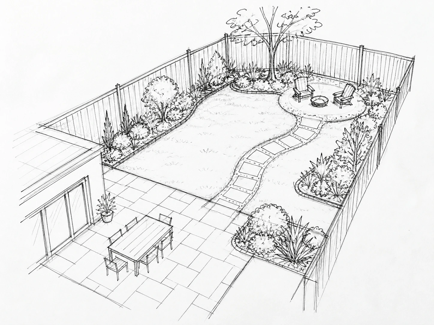 Hand-drawn loose landscape design sketch of a backyard garden layout with a patio, winding path and planting beds