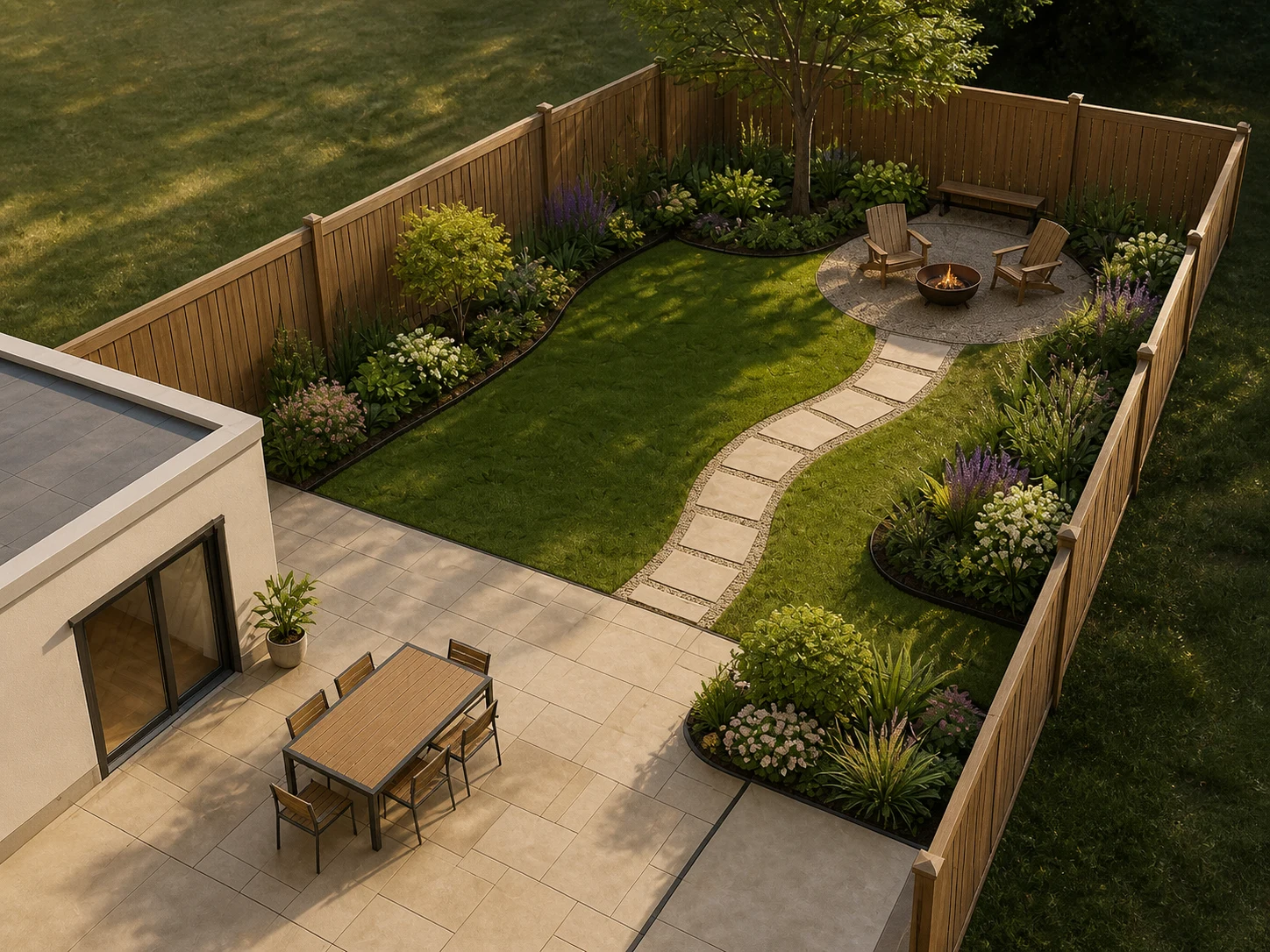 Best AI rendering architecture turns the same garden sketch into a photorealistic landscape render with pavers, planting and warm afternoon light