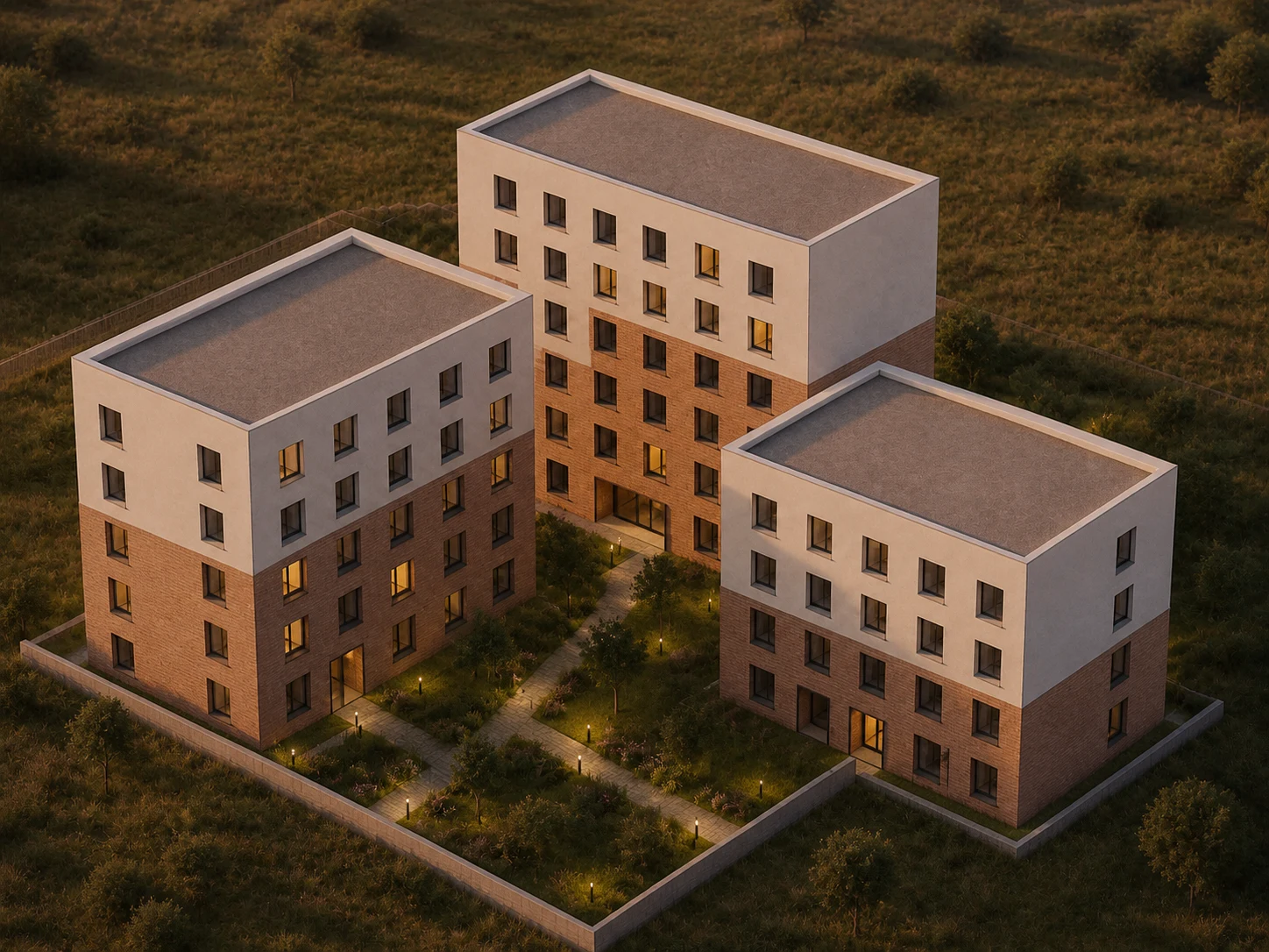 Sketch to render AI architecture turns the same residential massing model into a photorealistic aerial render of three apartment blocks in seconds