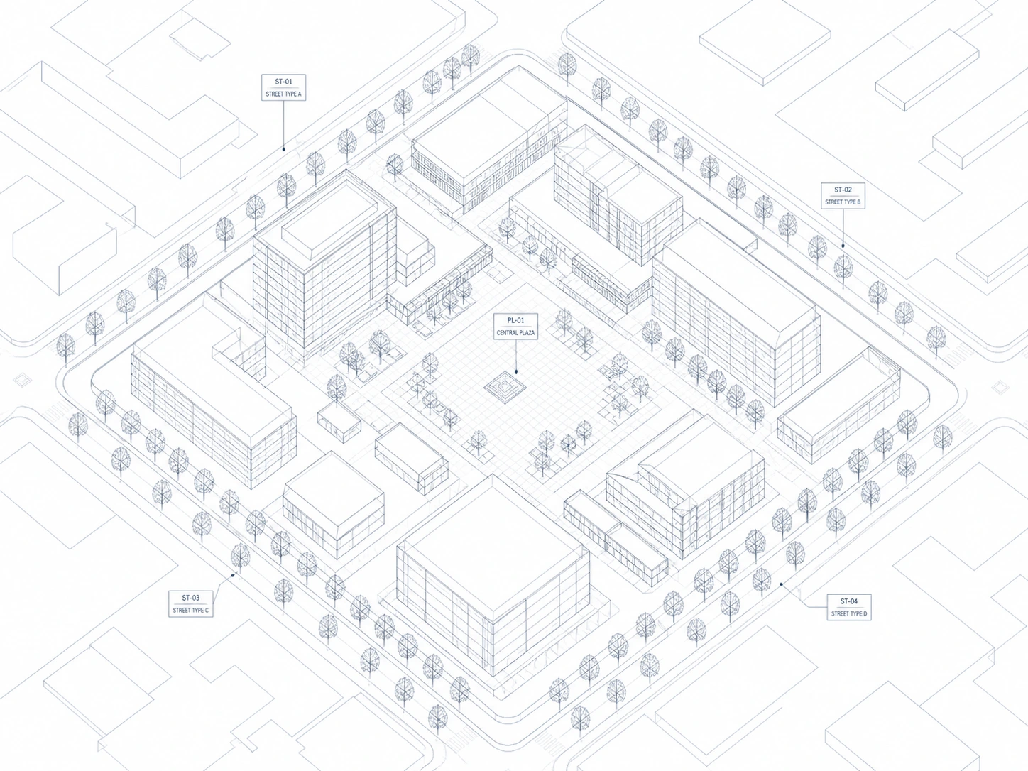 Wireframe masterplan drawing of a city block showing building footprints, a central plaza and tree-lined street outlines