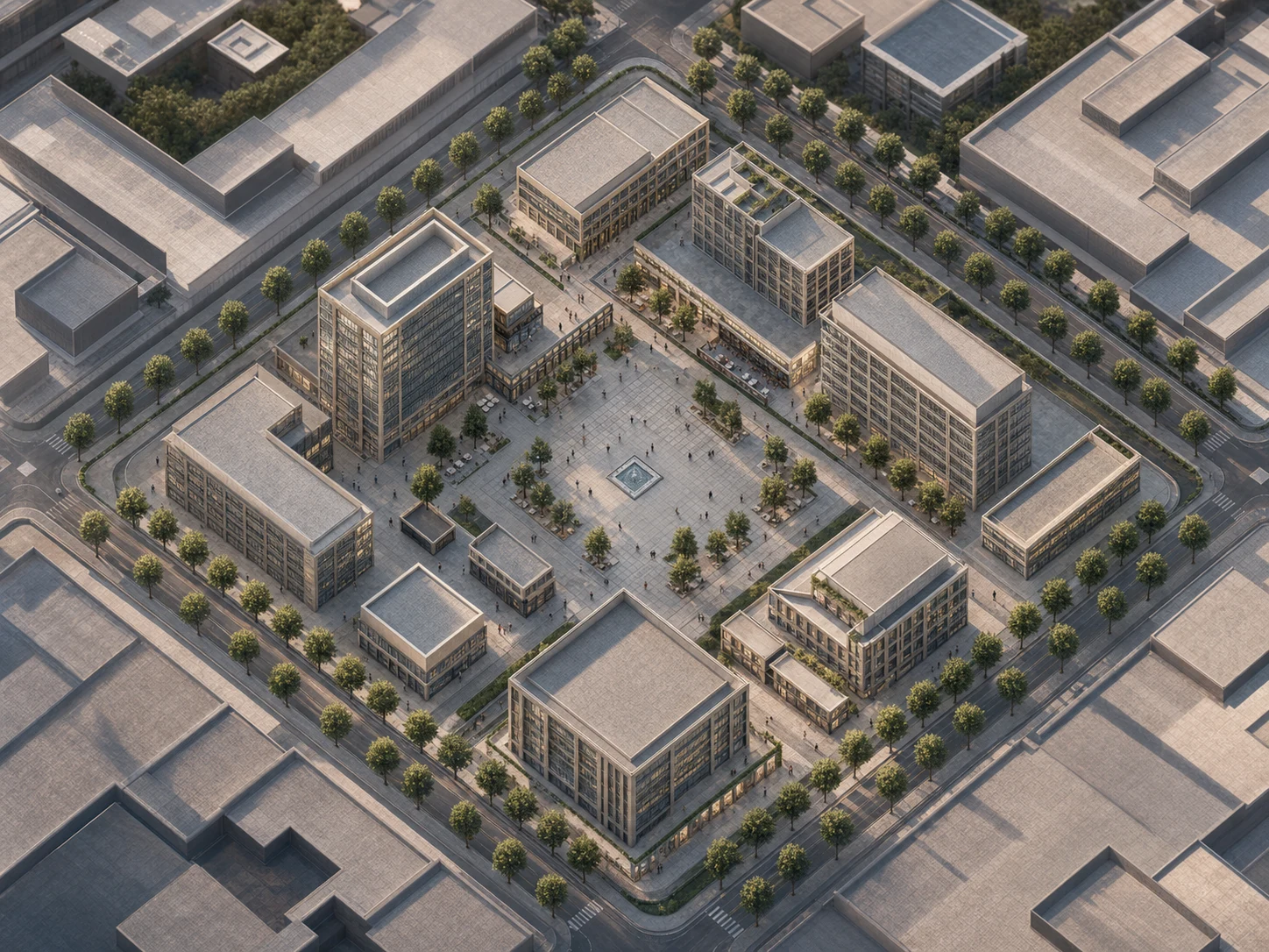AI rendering architecture turns the same urban masterplan wireframe into a photorealistic aerial cityscape render