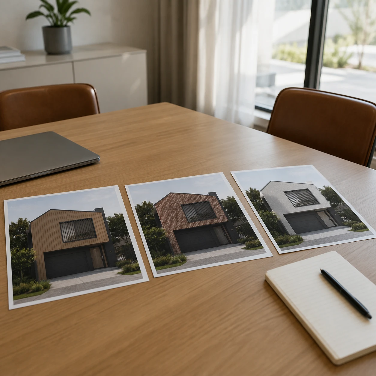Conference room table with three printed facade option boards laid out for a client presentation