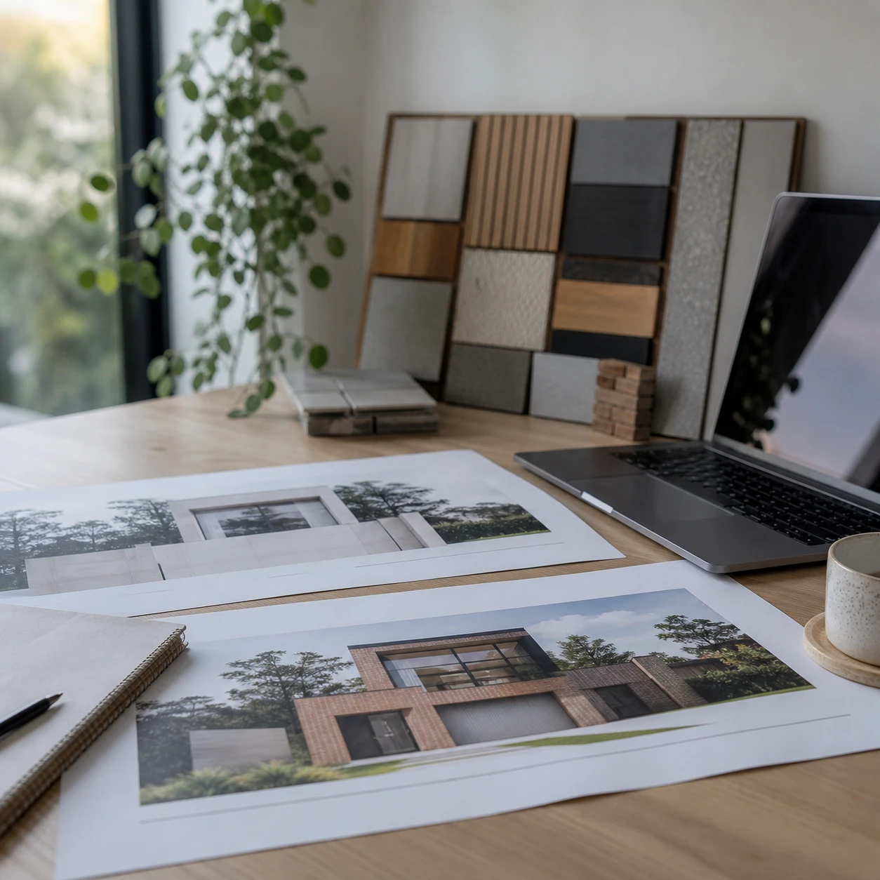 Developer's desk with printed facade material options and a laptop showing AI-restyled results