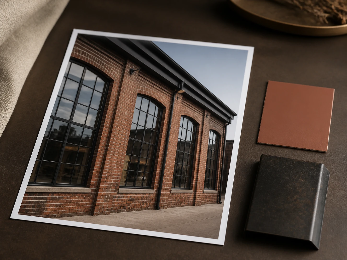 A style reference photo and its restyled result applied to a different building