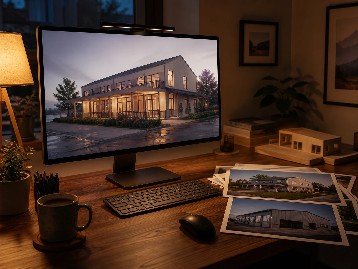 Different content inputs — a render, a massing study, and a real photo — each restyled with AI