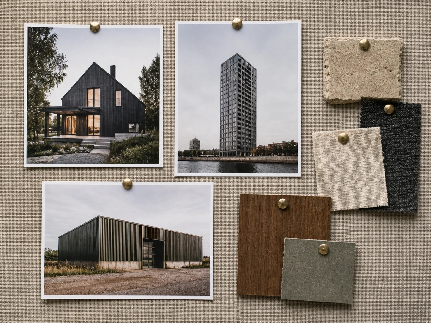 A house, a tower, and a warehouse each restyled with a different reference photo