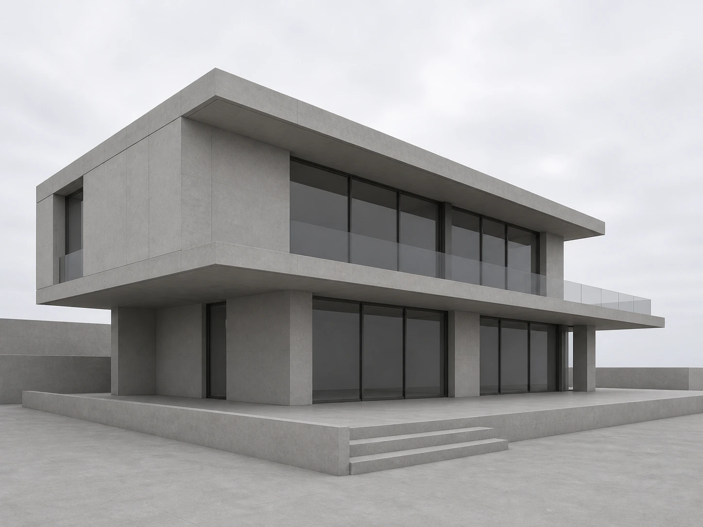 Plain unstyled grey massing render of a modern villa before restyling