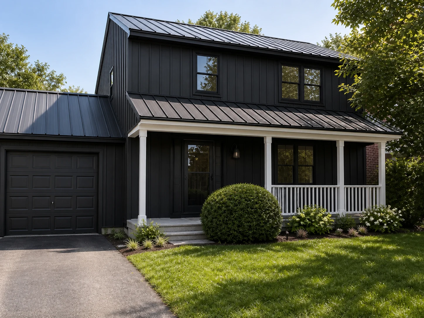 Suburban house restyled with contemporary farmhouse siding and black window frames