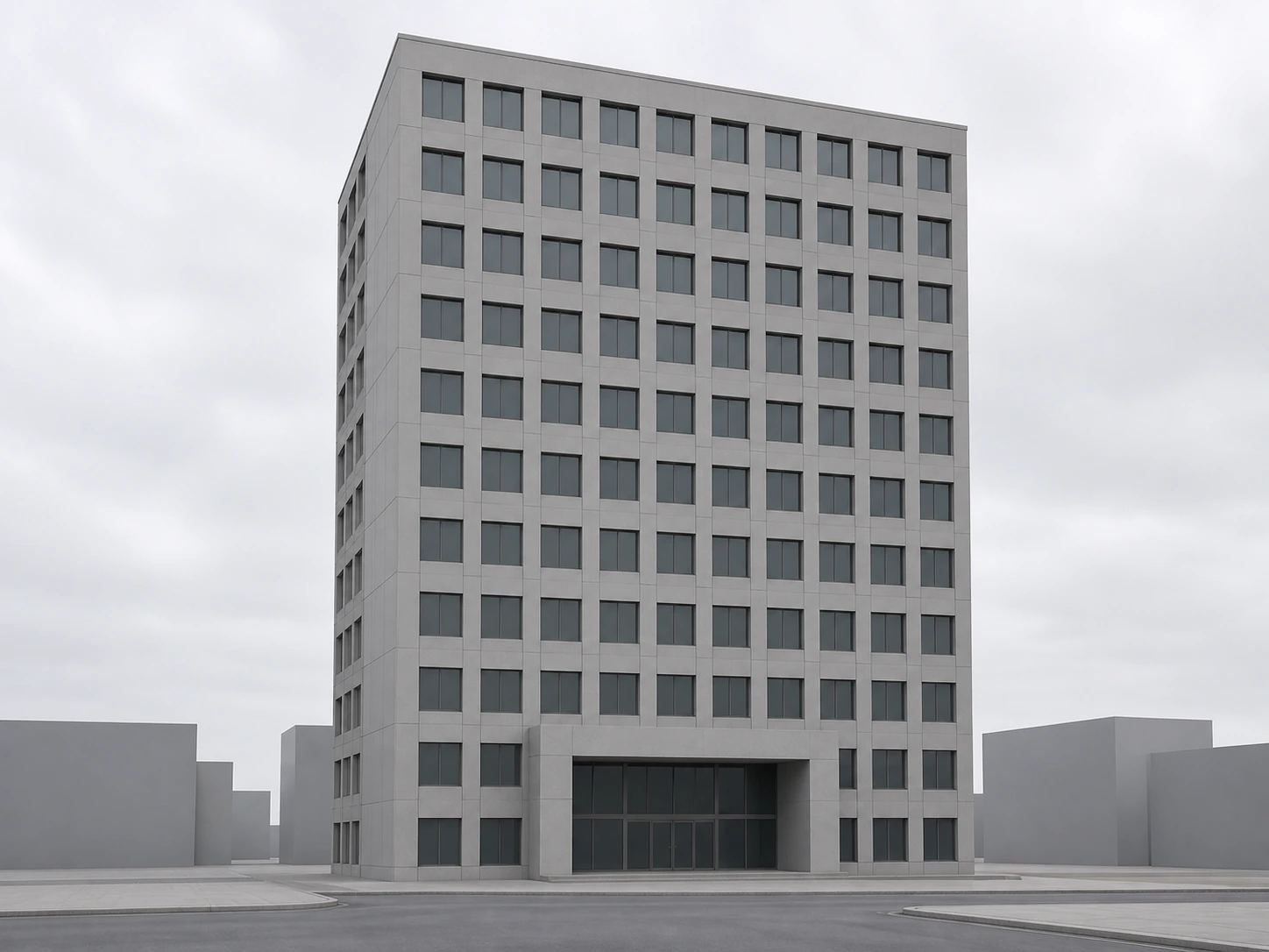 Plain unstyled concrete massing render of an office tower before restyling