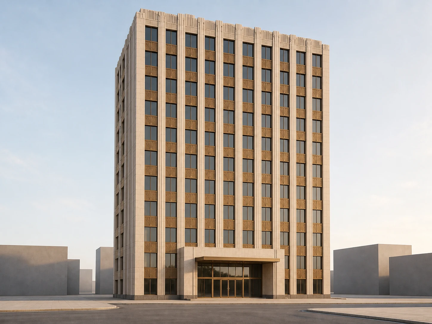 Office tower restyled with Art Deco fluted stone piers and bronze spandrel detailing