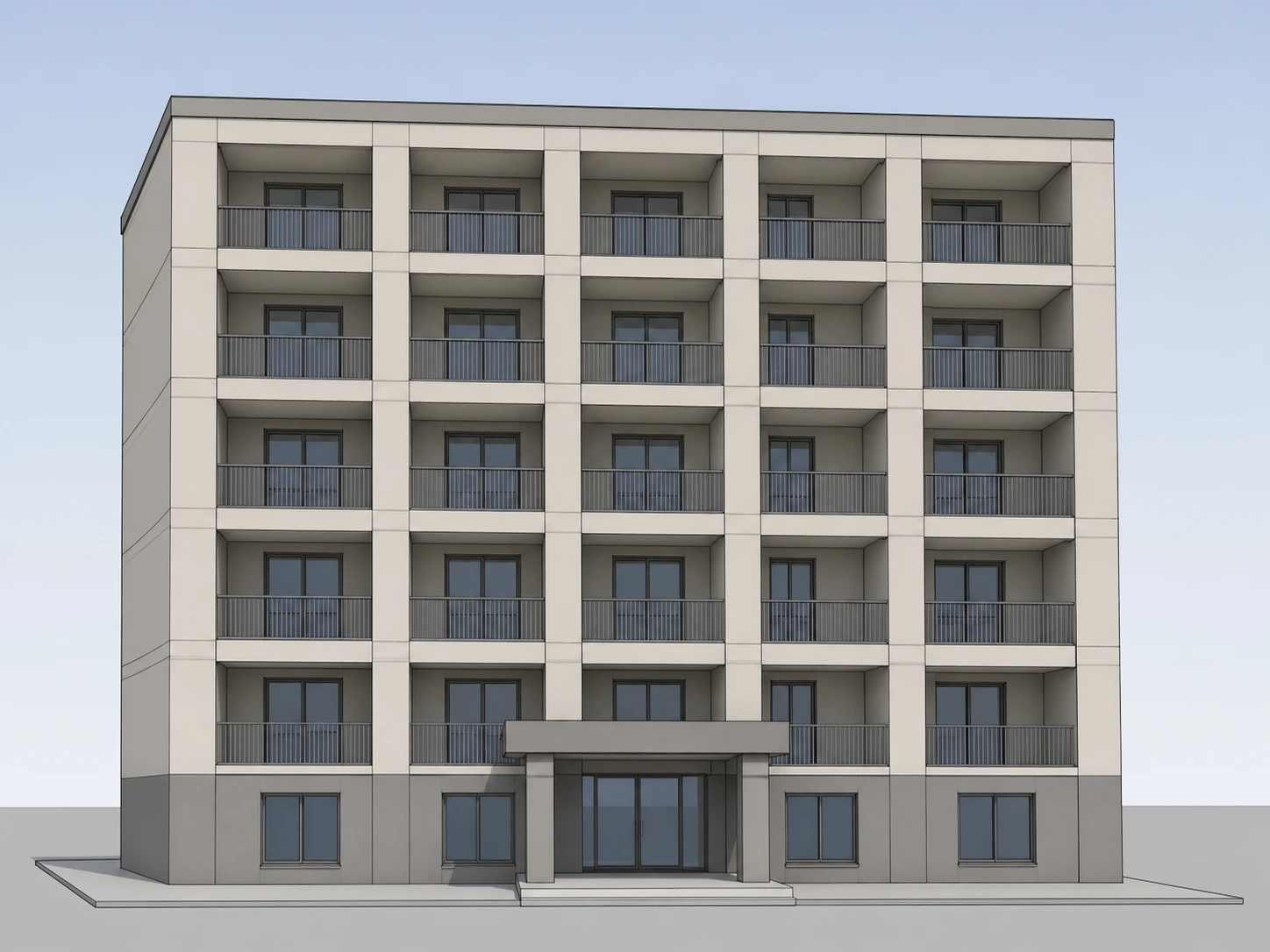 Flat grey SketchUp study of an apartment block before restyling