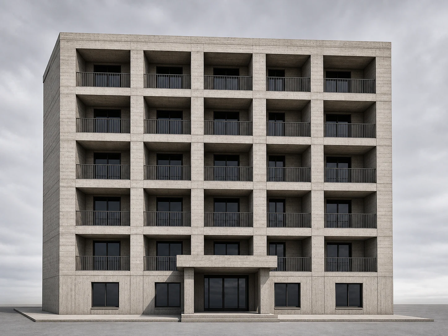 Apartment block restyled with board-formed concrete Brutalist detailing