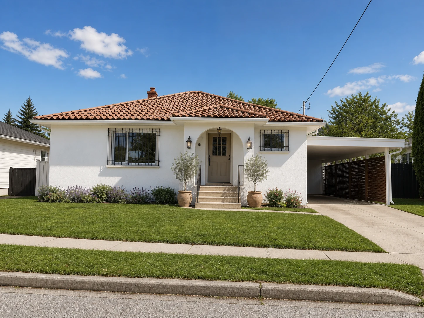 Bungalow restyled with coastal Mediterranean white render and terracotta roofing